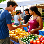 A diverse group of young adults shopping at a farmer's market, selecting locally grown produce. Sunlit, vibrant colors, emphasizing fresh food and community engagement. "Farm to Table" and "Local Food" concepts visualized.