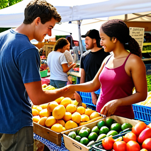Home 4 A diverse group of young adults shopping at a farmer's market, selecting locally grown produce. Sunlit, vibrant colors, emphasizing fresh food and community engagement. "Farm to Table" and "Local Food" concepts visualized.