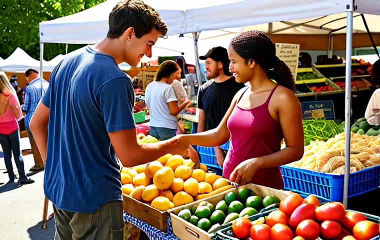A diverse group of young adults shopping at a farmer's market, selecting locally grown produce. Sunlit, vibrant colors, emphasizing fresh food and community engagement. "Farm to Table" and "Local Food" concepts visualized.