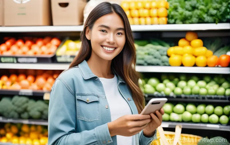지속 가능한 소비를 위한 온라인 컨설팅 서비스 - **Prompt 1: Empowered Sustainable Shopper**
"A vibrant, eye-level shot of a young adult, gender-...