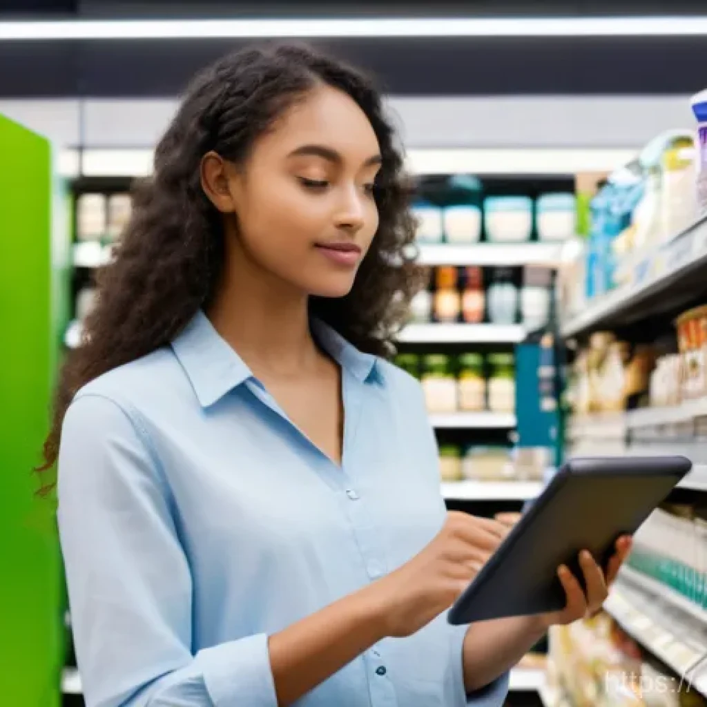 지속 가능한 소비를 위한 의사결정 지원 시스템 - **Prompt 1: Informed Sustainable Shopping Experience with DSS**
A diverse young woman, dressed i...