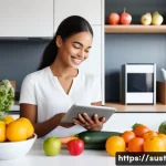 Home 22 구독 서비스의 지속 가능성 분석 - A modern, cozy home office setting where a young professional woman is happily unpacking a weekly fr...