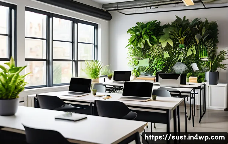 친환경 소비 모델의 성공 사례 분석 - A vibrant and detailed scene of a modern eco-friendly startup office, showcasing diverse young profe...
