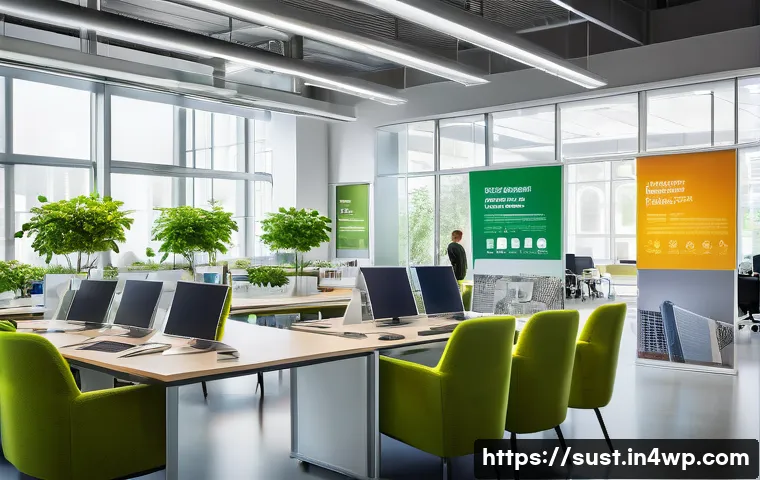 지속 가능한 소비를 위한 글로벌 사례 연구 - A vibrant European Union public procurement office scene, showcasing officials selecting eco-friendl...
