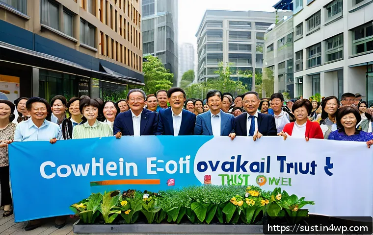 지속 가능한 소비를 위한 글로벌 협력 사례 - A vibrant community event in a small city where local bank representatives and residents gather outd...