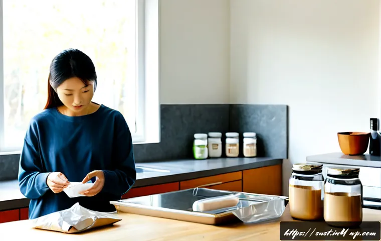 Home 17 지속 가능한 소비를 위한 쇼핑 습관 개선 - Photorealistic bright kitchen counter scene showing a thoughtful adult shopper comparing two unbrand...